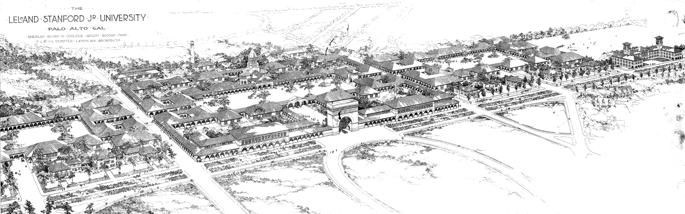 A large, slanted sketch of Stanford University. The Main Quad looks similar to how it does now. Although, to its left and right are two smaller quads modeled after it. Surrounding them all is a mixture of paved roads, patches of grass, and forested hills.