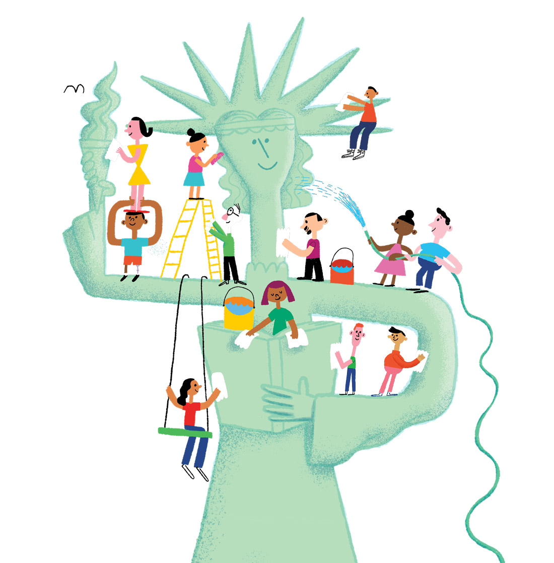 Illustration of people cleaning the Statue of Liberty
