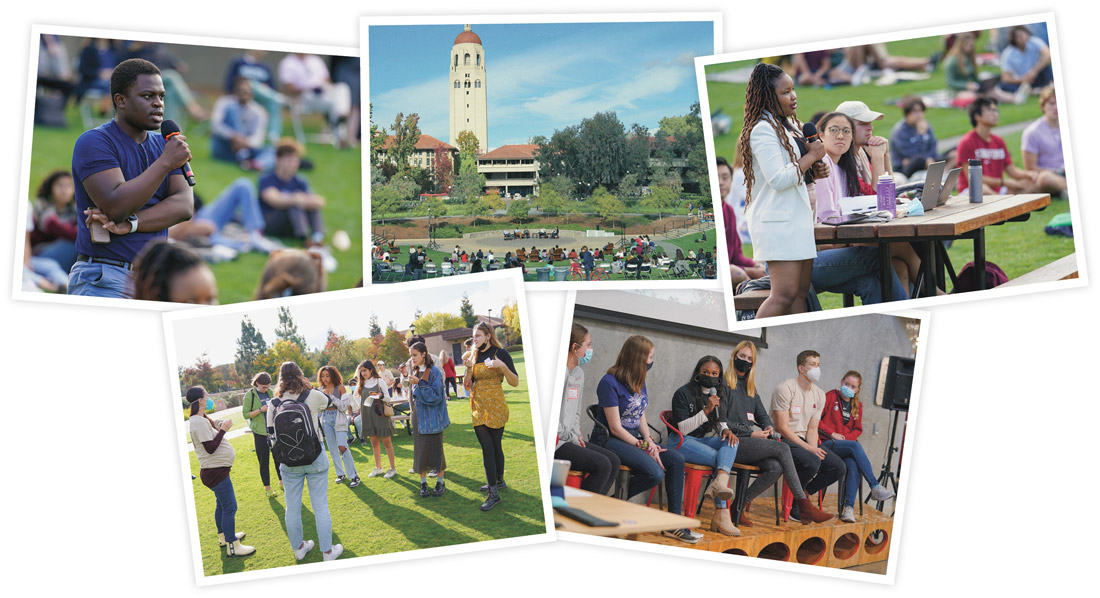 Photo collage of students speaking out on Stanford campus