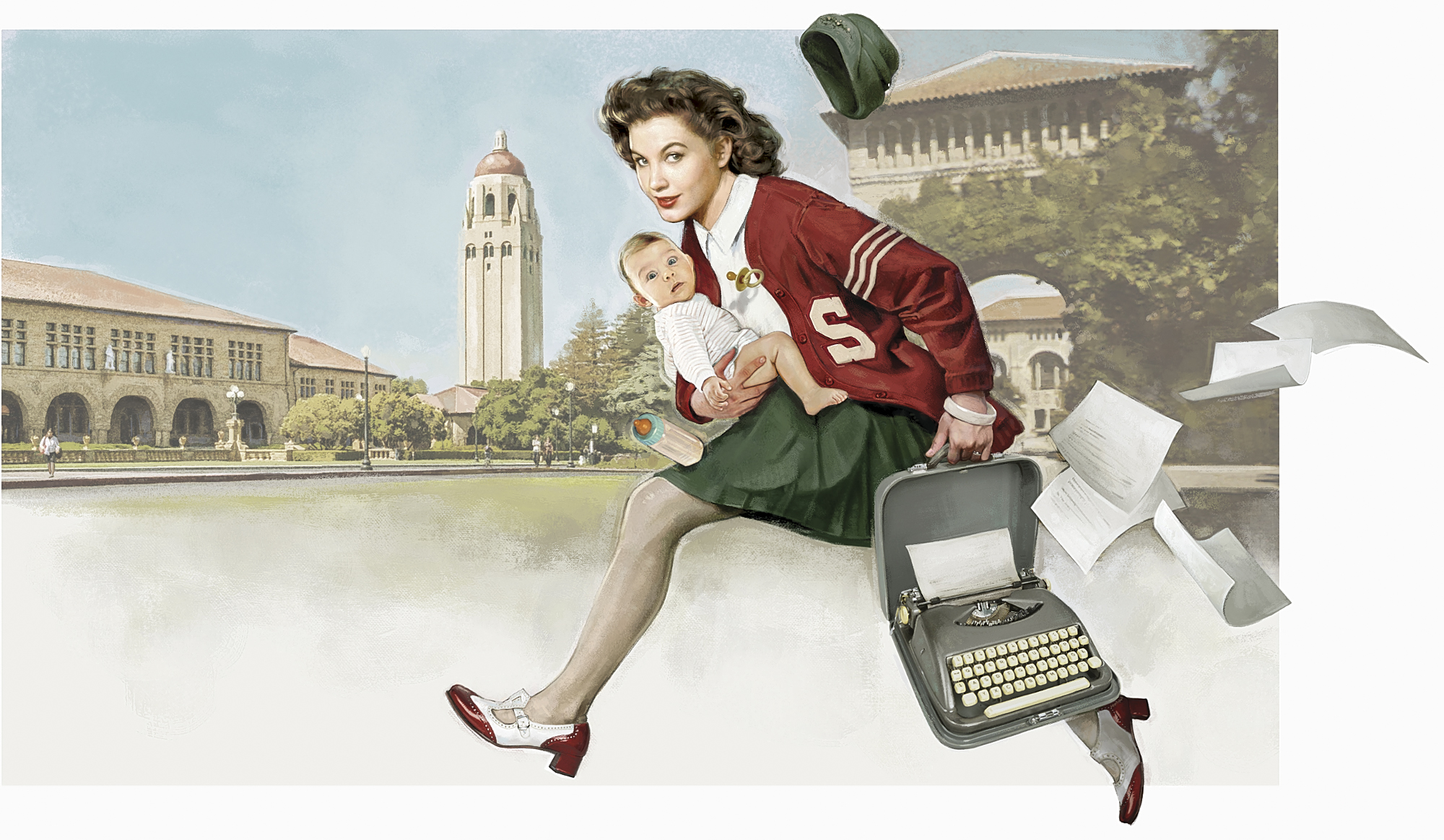 Illustration of a woman in a Stanford cardigan running through campus while holding a baby and a typewriter