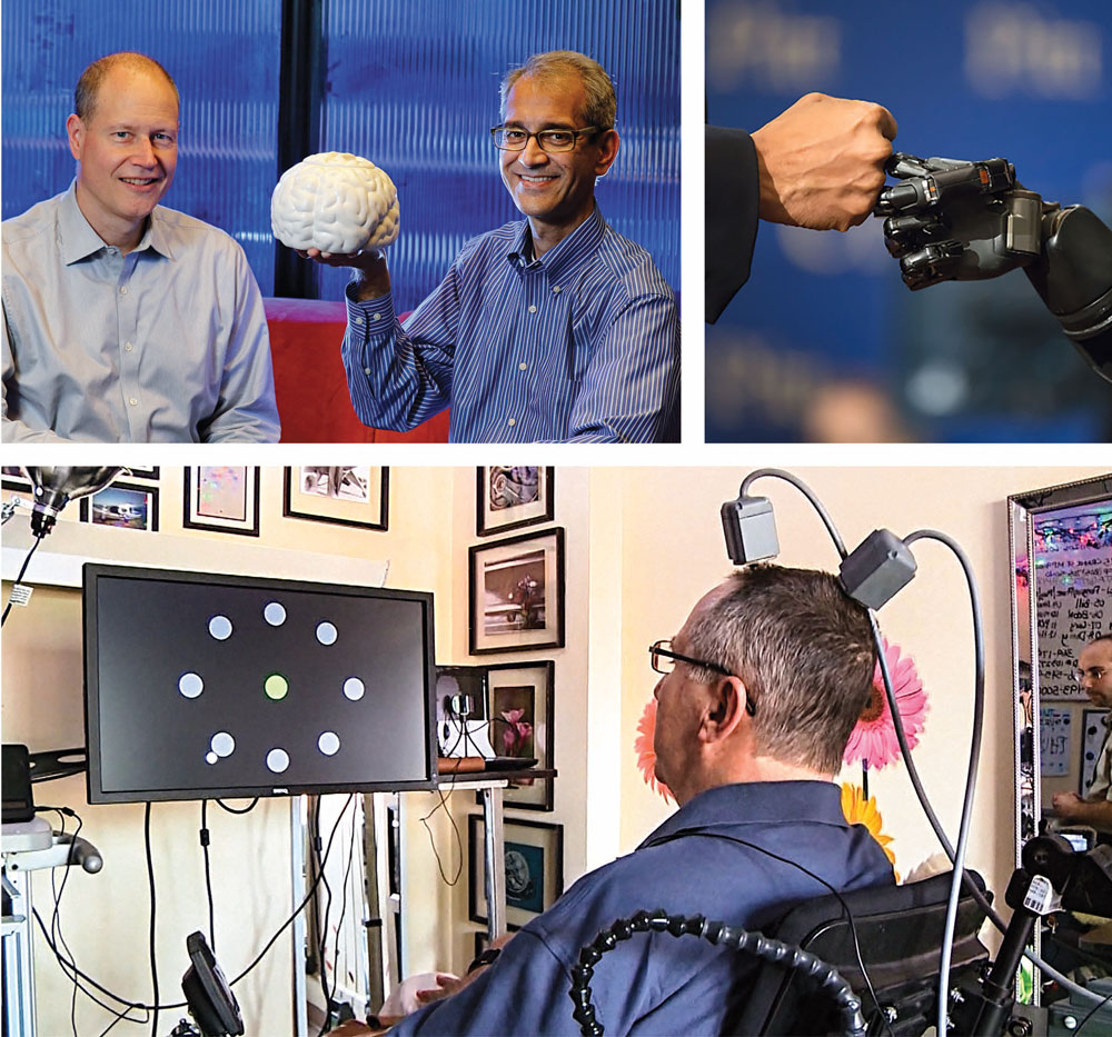 Clockwise from top left: Henderson and Shenoy; Obama and Copeland fist pump; DeGray in front of computer screen hitting targets. 