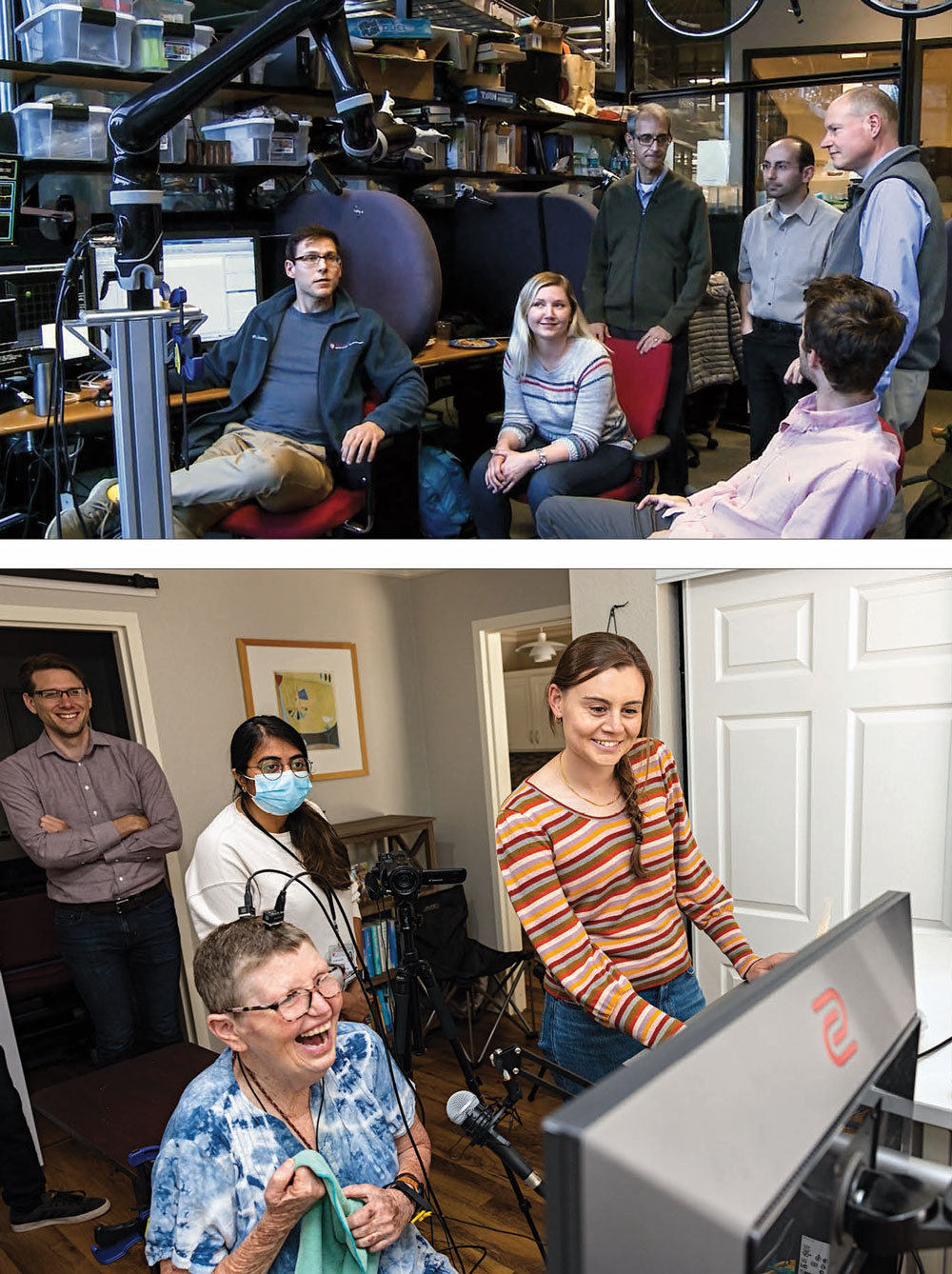 Top photo: Shenoy, Nuyujukian, and Henderson (back row), and Kunz (far right). Bottom photo: Bennett (front) with researchers in front of screen.