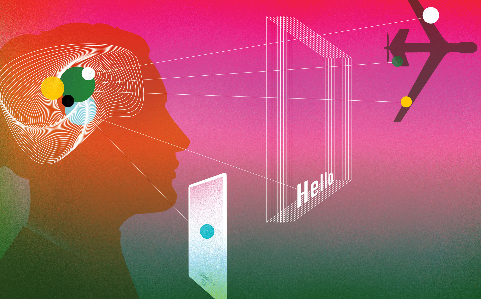 Illustration of a person using their brain to communicate with and use a smartphone, a drone and a computer. The computer is telegraphs "Hello" from the person.