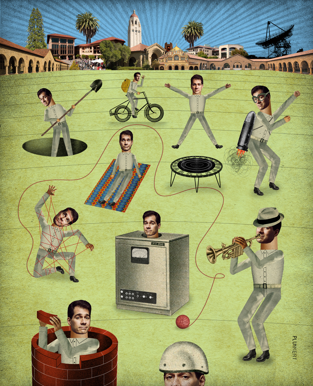 Illustration of many Joel Steins trying new things. 