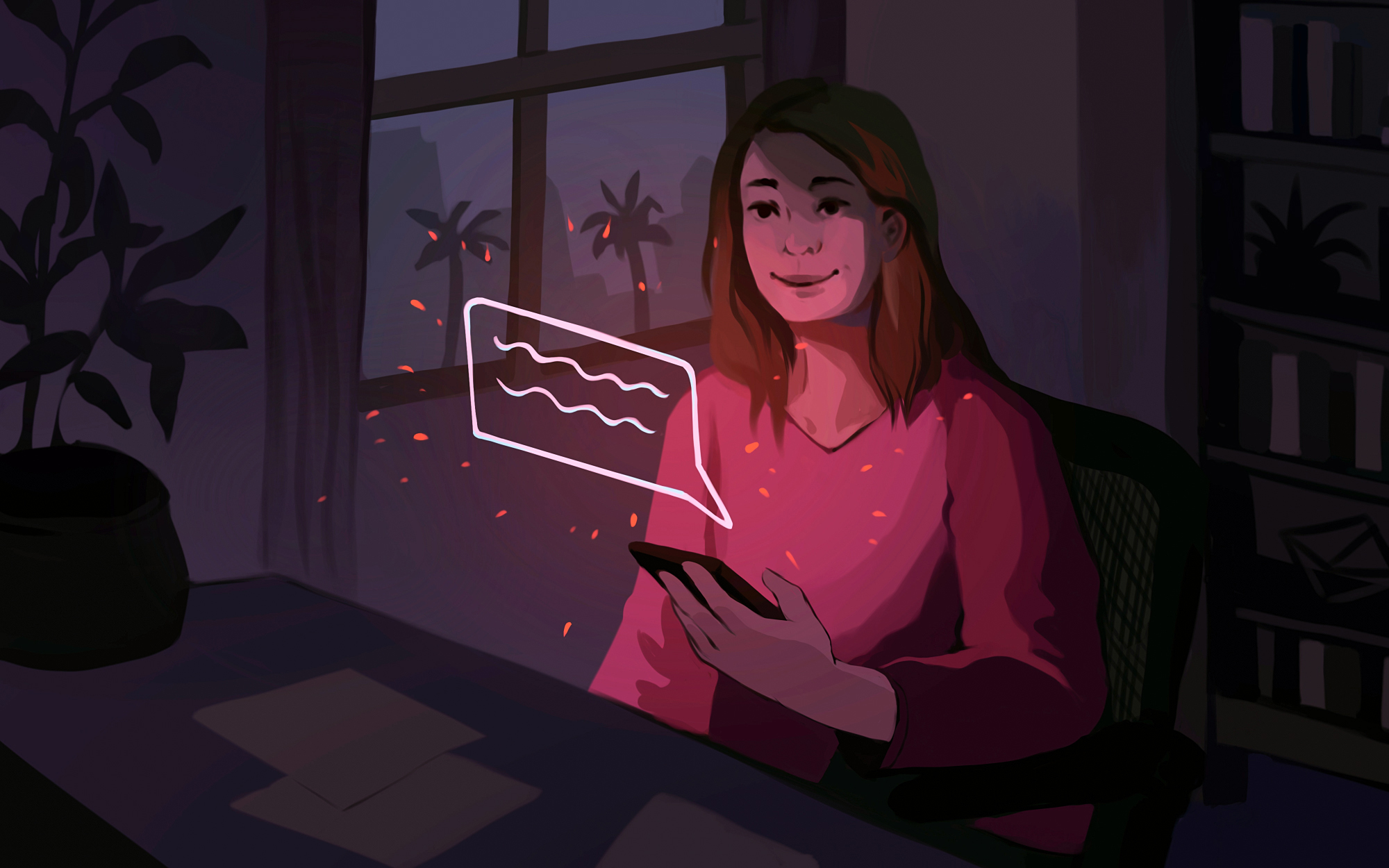 A woman smiles at a text message from a Stanford student