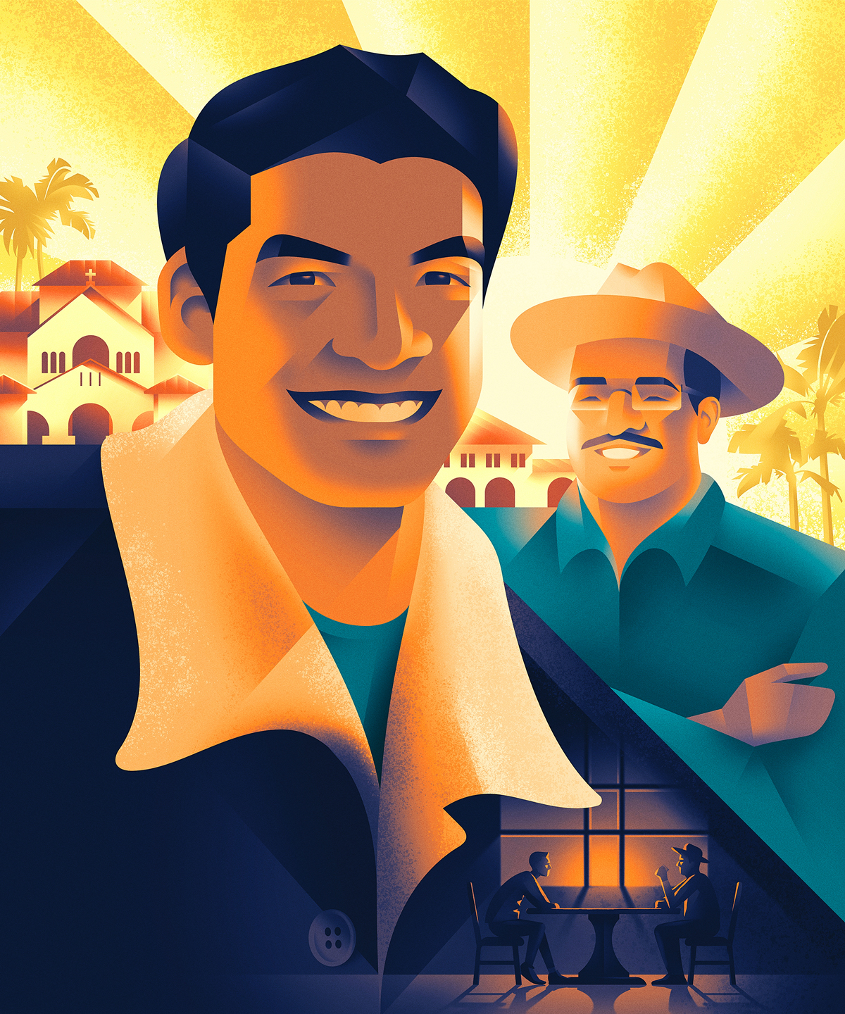 Illustration of Stanford student Allan Lopez with his dad 