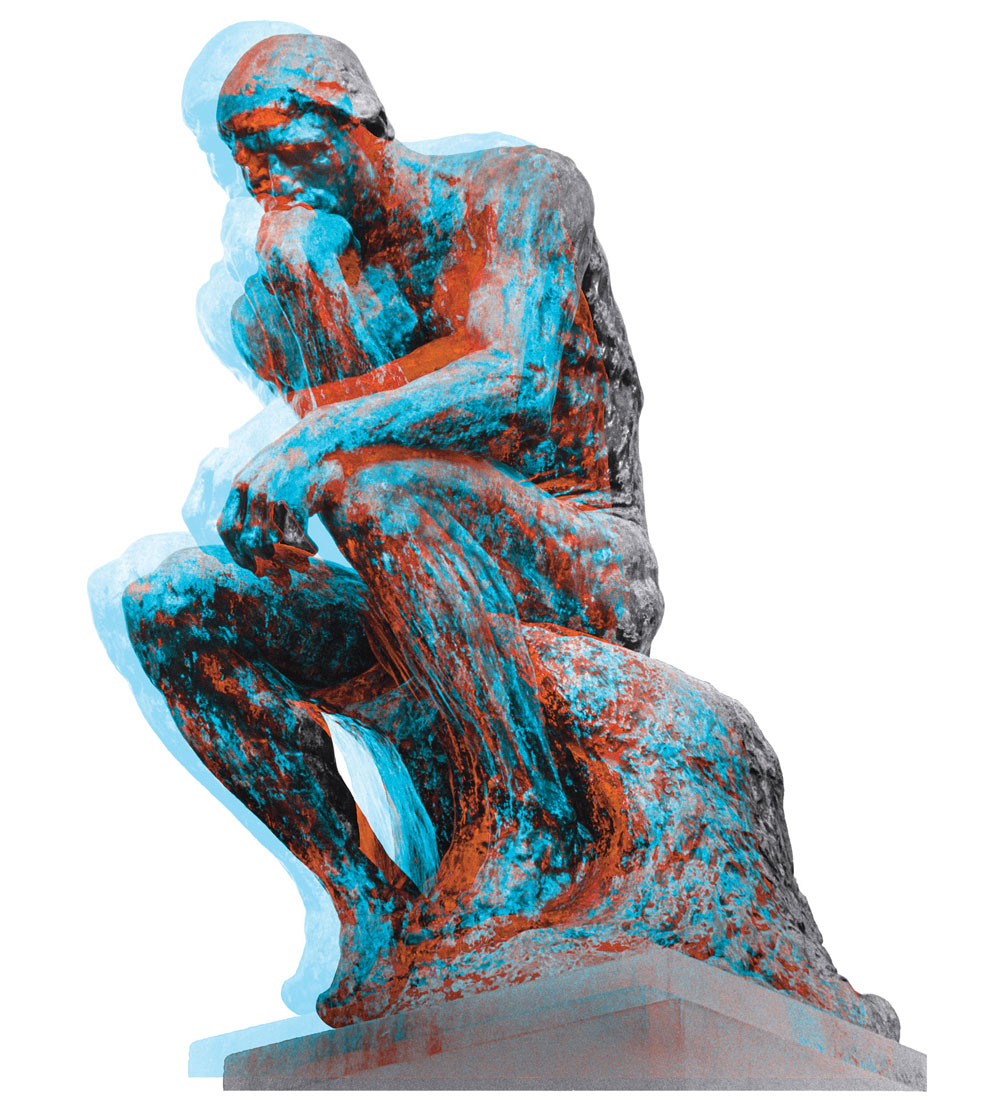 3-D stylized image of Rodin's The Thinker.