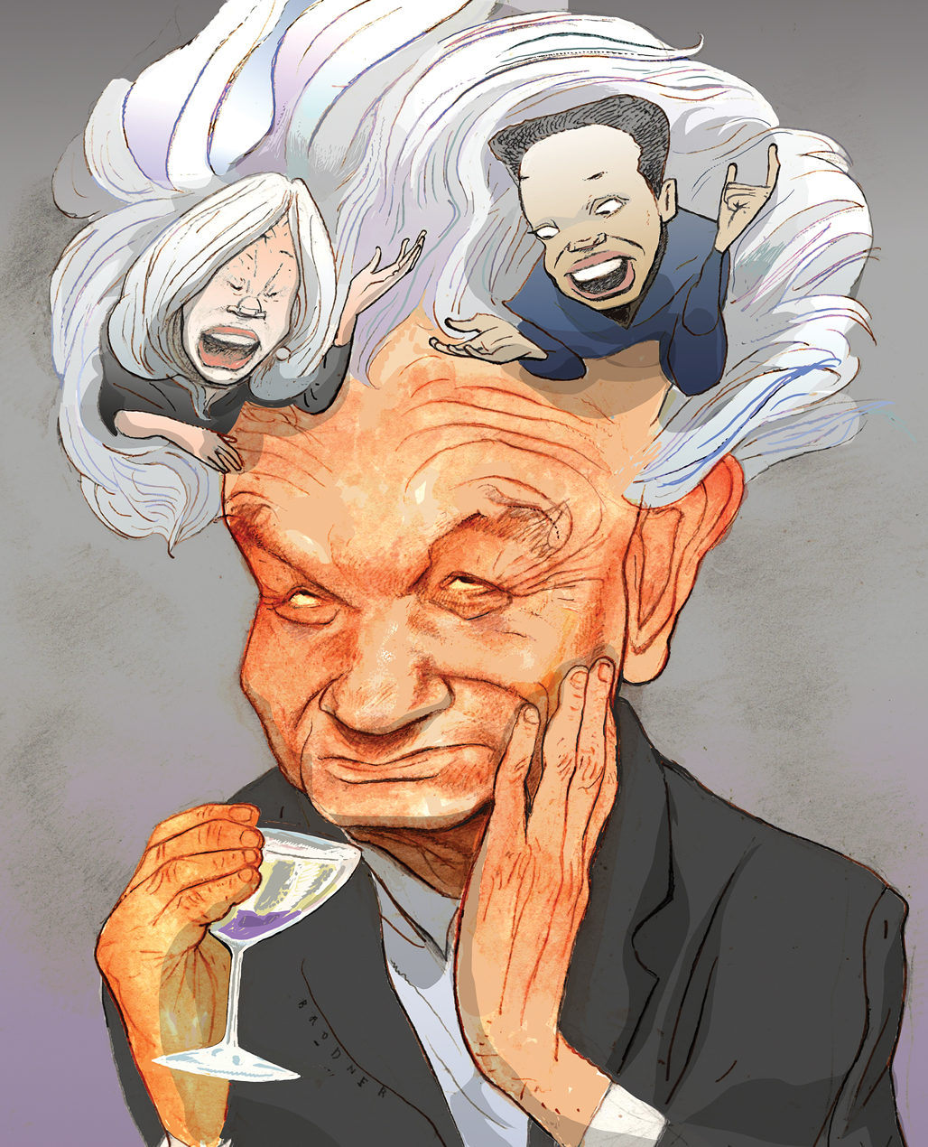 Illustration of Derrida holding a cocktail and Florence and LaDoris yelling from inside his hair