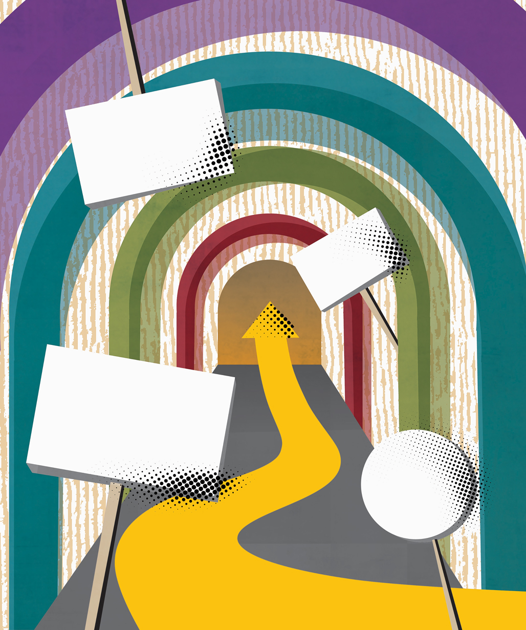 Illustration of Stanford hallway, arrow pointing forward and blank protest signs over them the imagery.