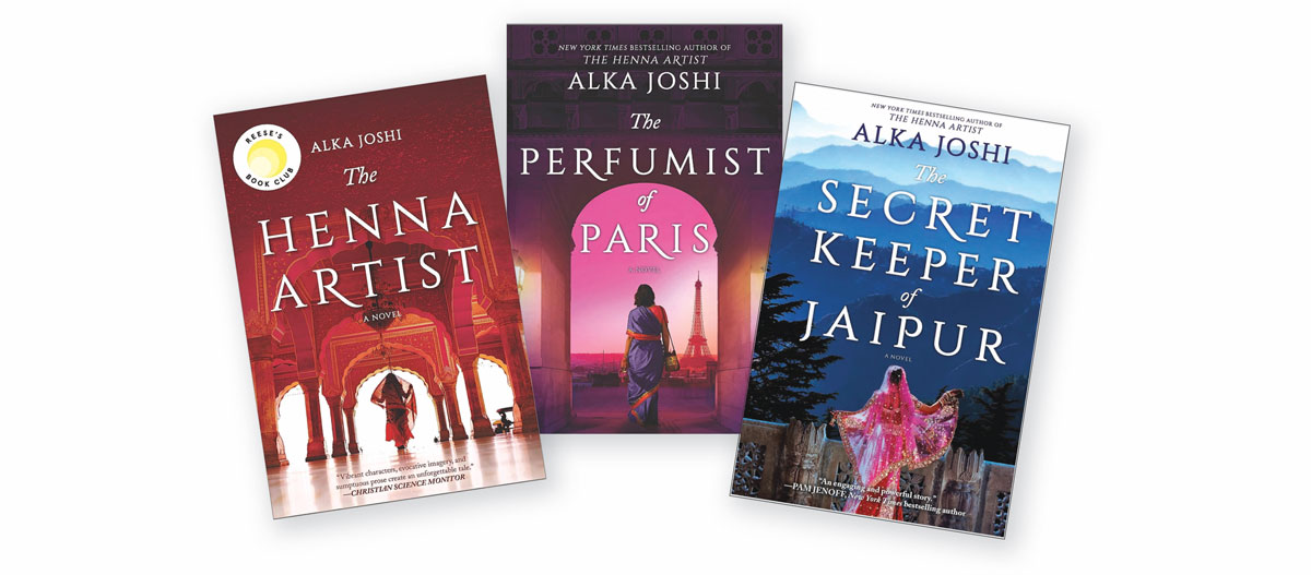 Book covers for "The Henna Artist", "The Perfumist of Paris" and "The Secret Keeper of Jaipur"