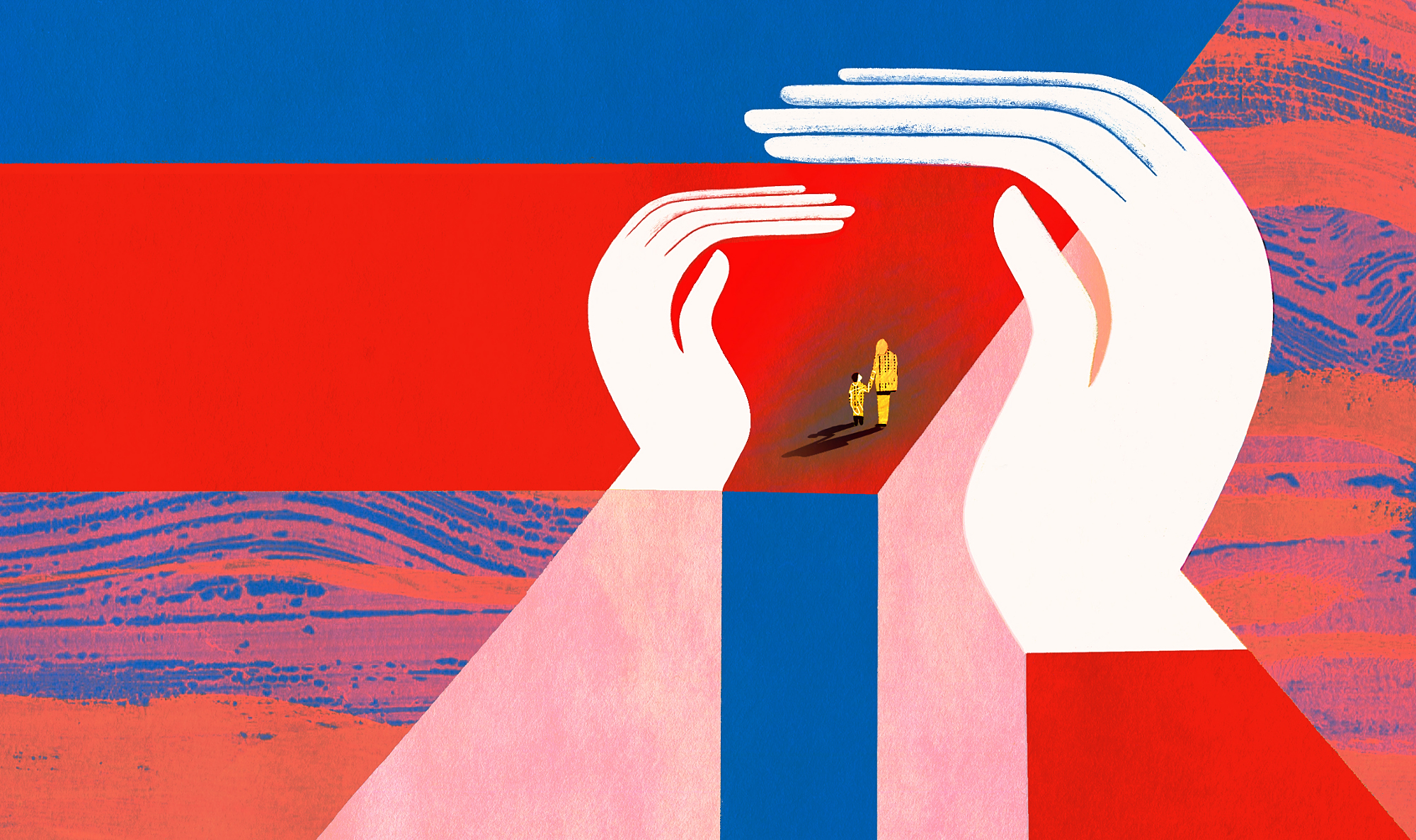 Hands surrounding an image of an adult and child