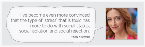 A photo of McGonigal with the quote: "I've become even more convinced that the type of 'stress' that is toxic has more to do with social status, social isolation, and social rejection."