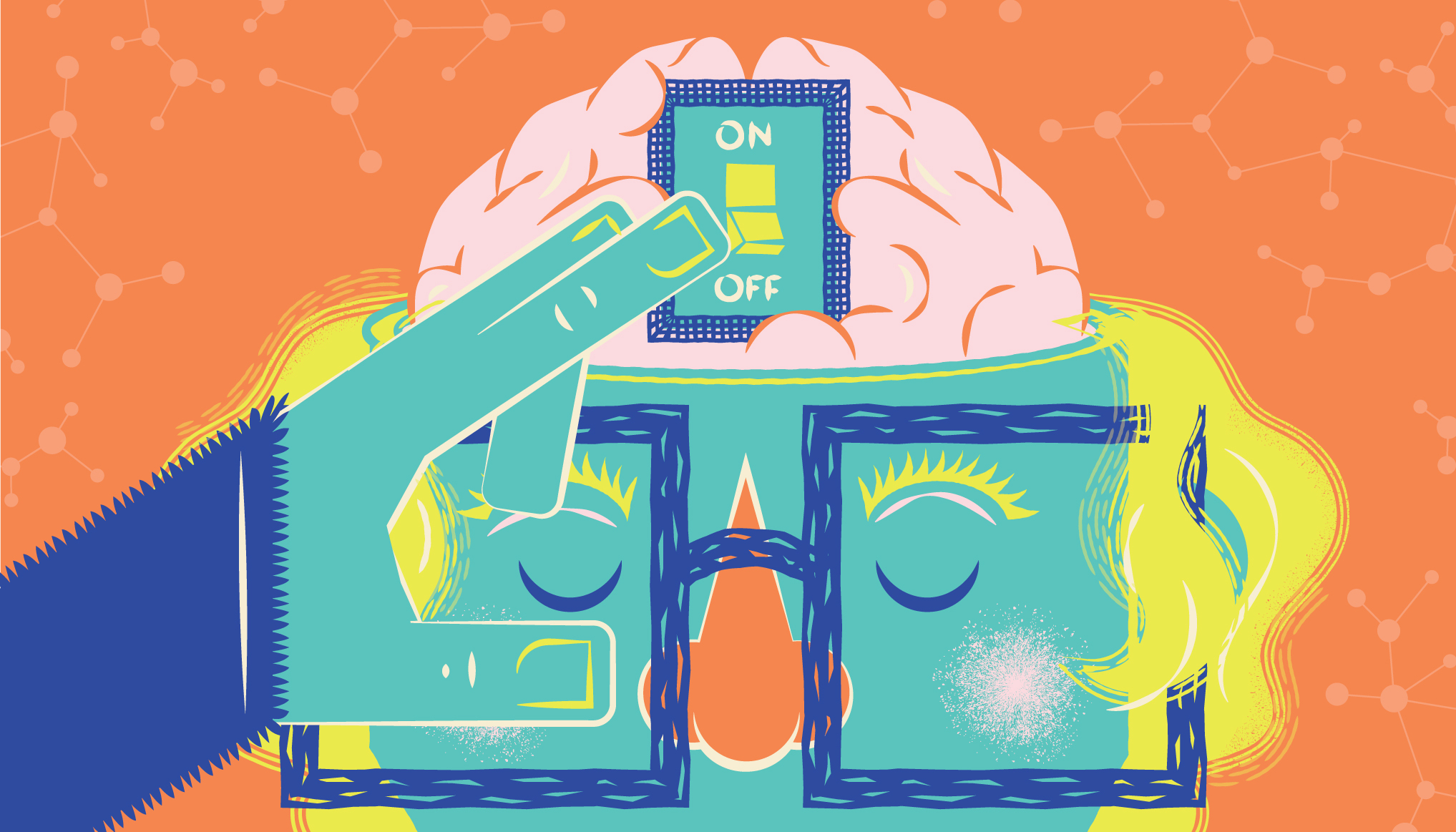 Illustration of a head with glasses switching an on-off switch on their exposed brain