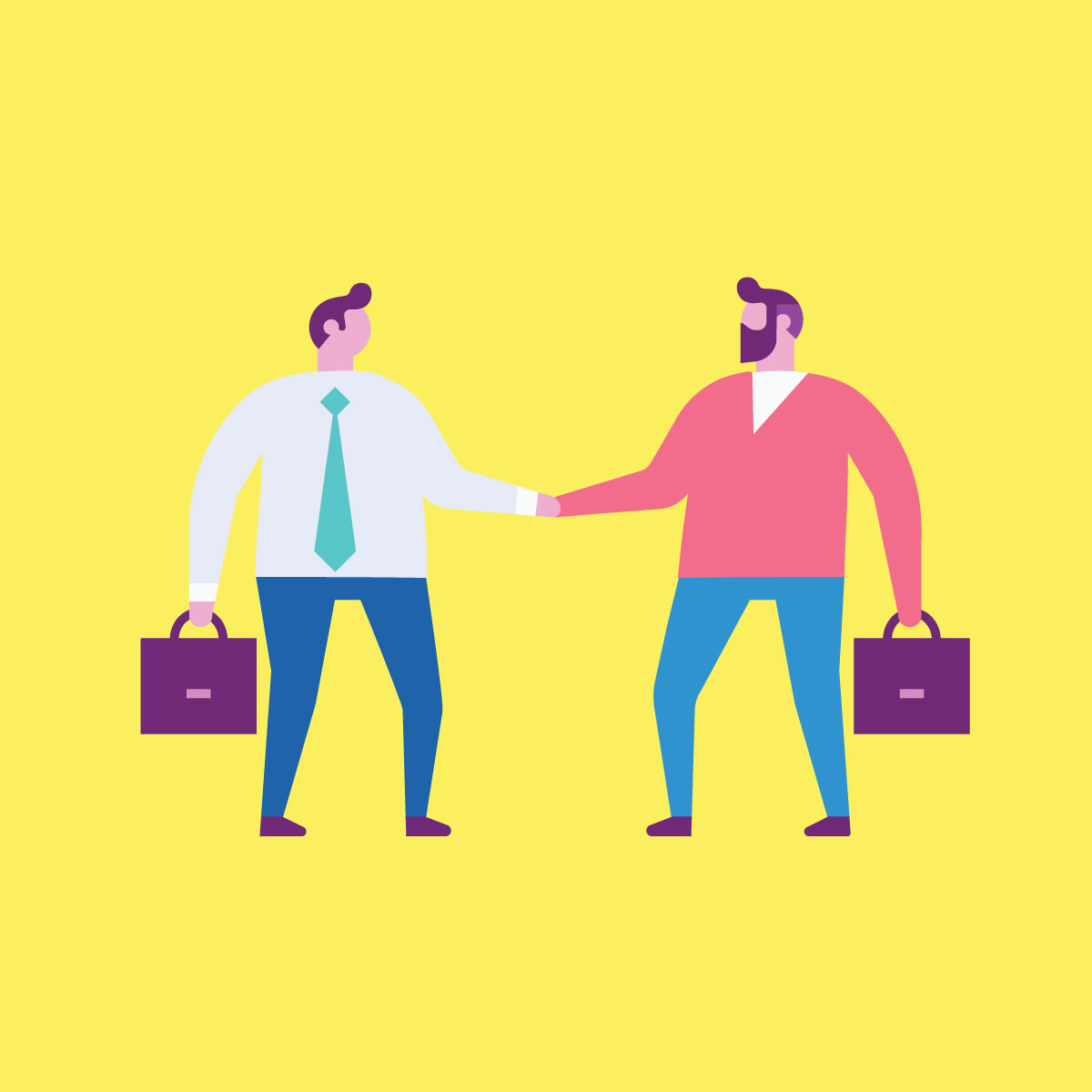 Illustration of two businessmen shaking hands, holding briefcases.