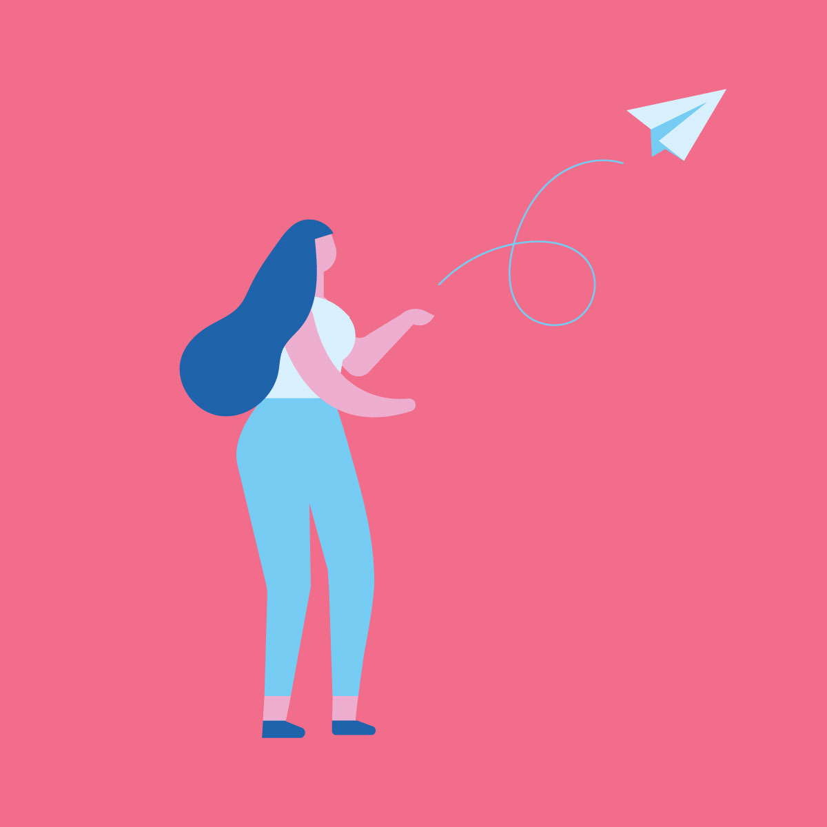 Illustration of woman with long hair throwing a paper airplane into the air.
