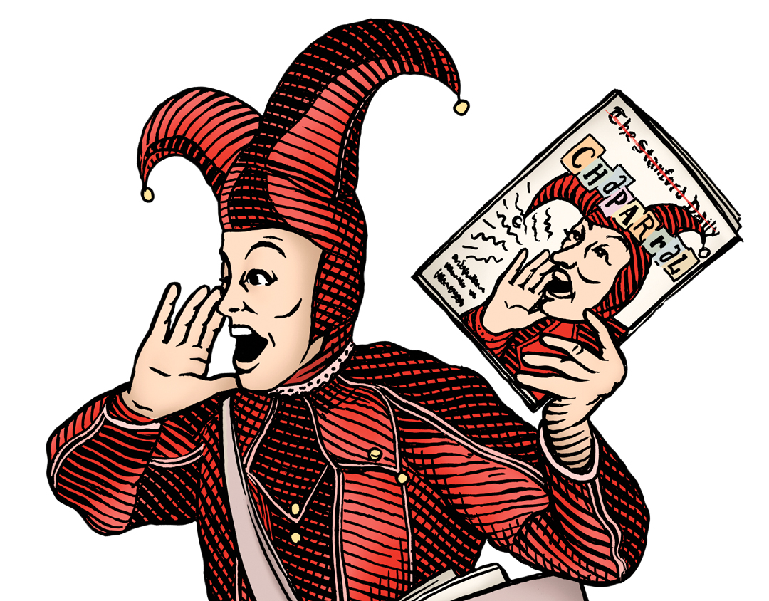 Illustration of a jester with a shoulder bag holding a copy of The Chaparral