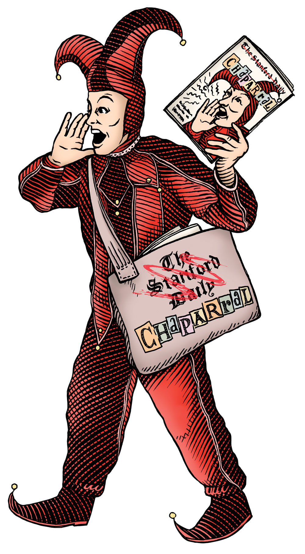 Illustration of a jester as a newsboy