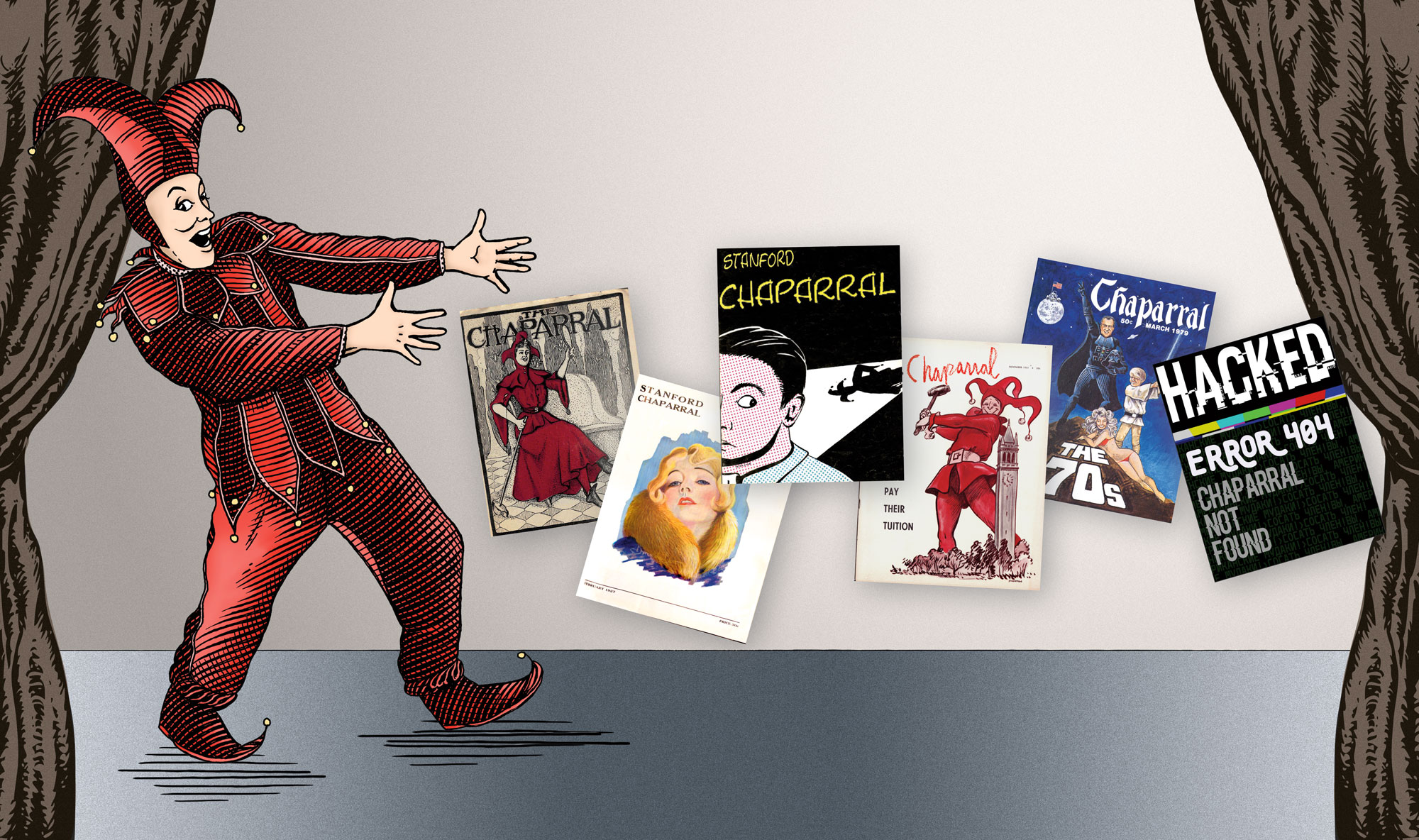 Illustration of a jester presenting a few Chaparral covers on a stage.