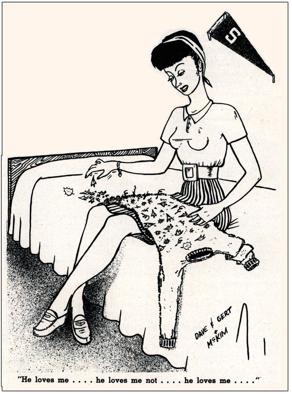 Comic strip illustration of woman pulling cactus prickles off a sweater. Comic says, "He loves me....he loves me not.... he loves me...."