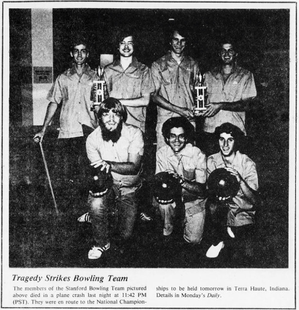 The clipping of the front page of the Stanford Daily with the Stanford Bowling Team.