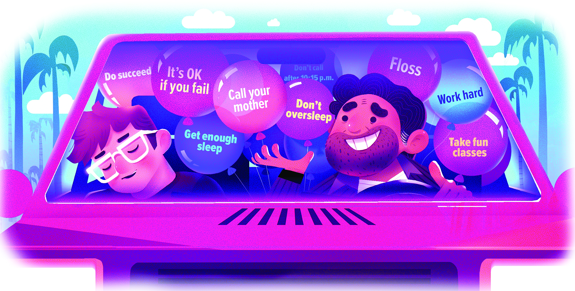 Illustration of a man driving a car with a sleeping child in the passenger seat and a lot of balloons with words on them in the back seat.