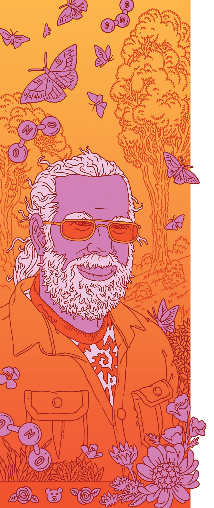 Illustration of Stu Weiss with butterflies and flowers