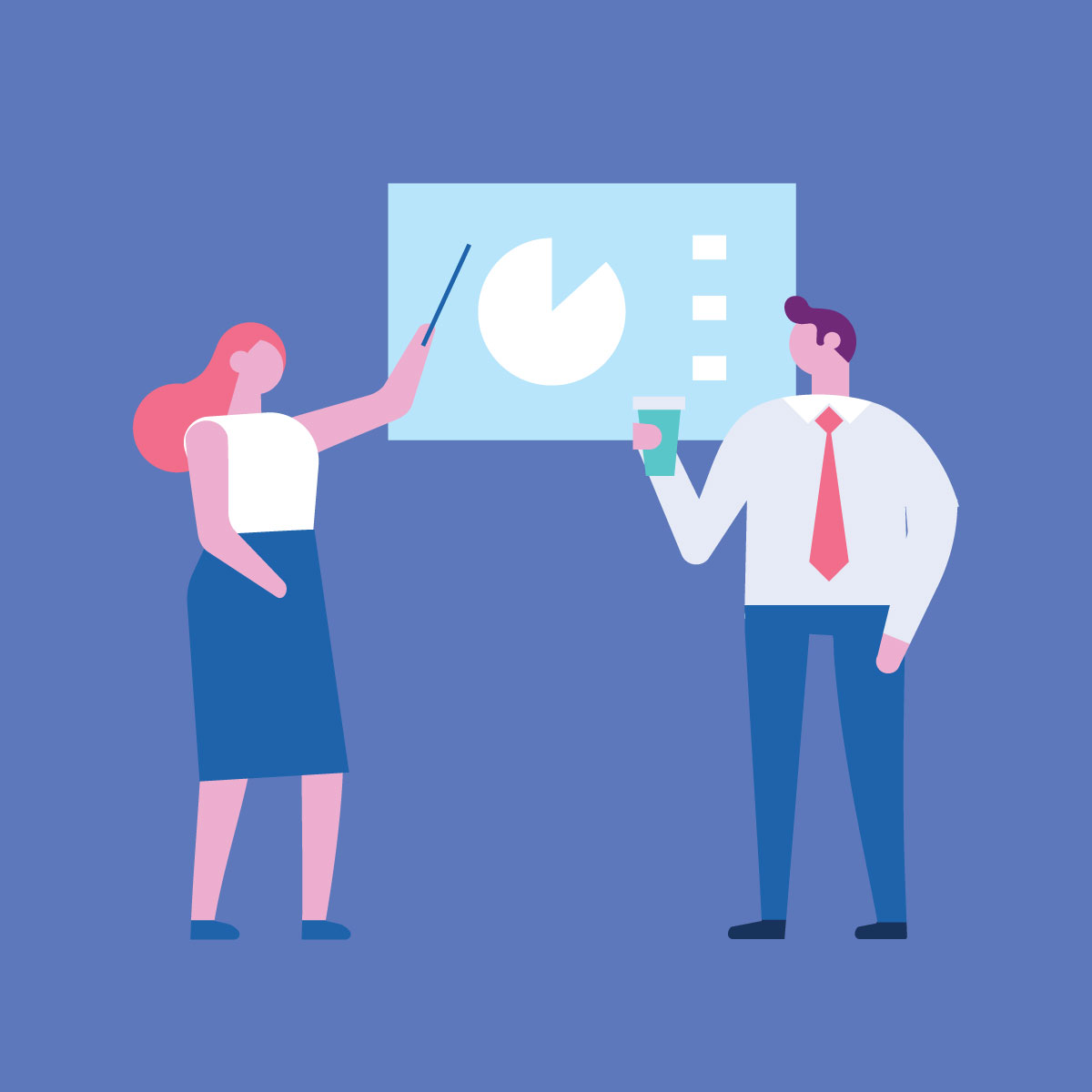 Illustration of redheaded woman pointing to chart on wall while businessman holding coffee cup is listening.