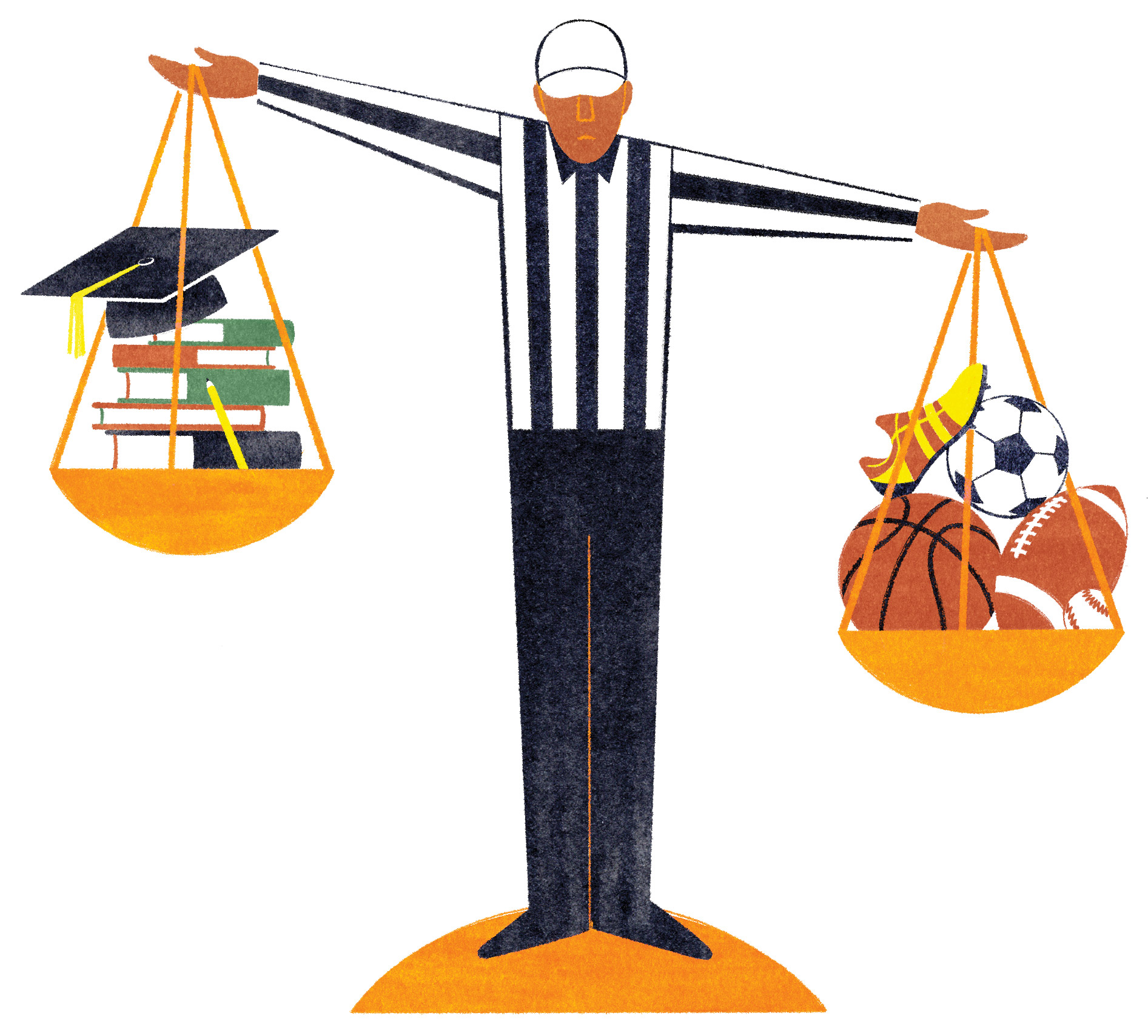 Man holding scales with academics and sports equipment in them