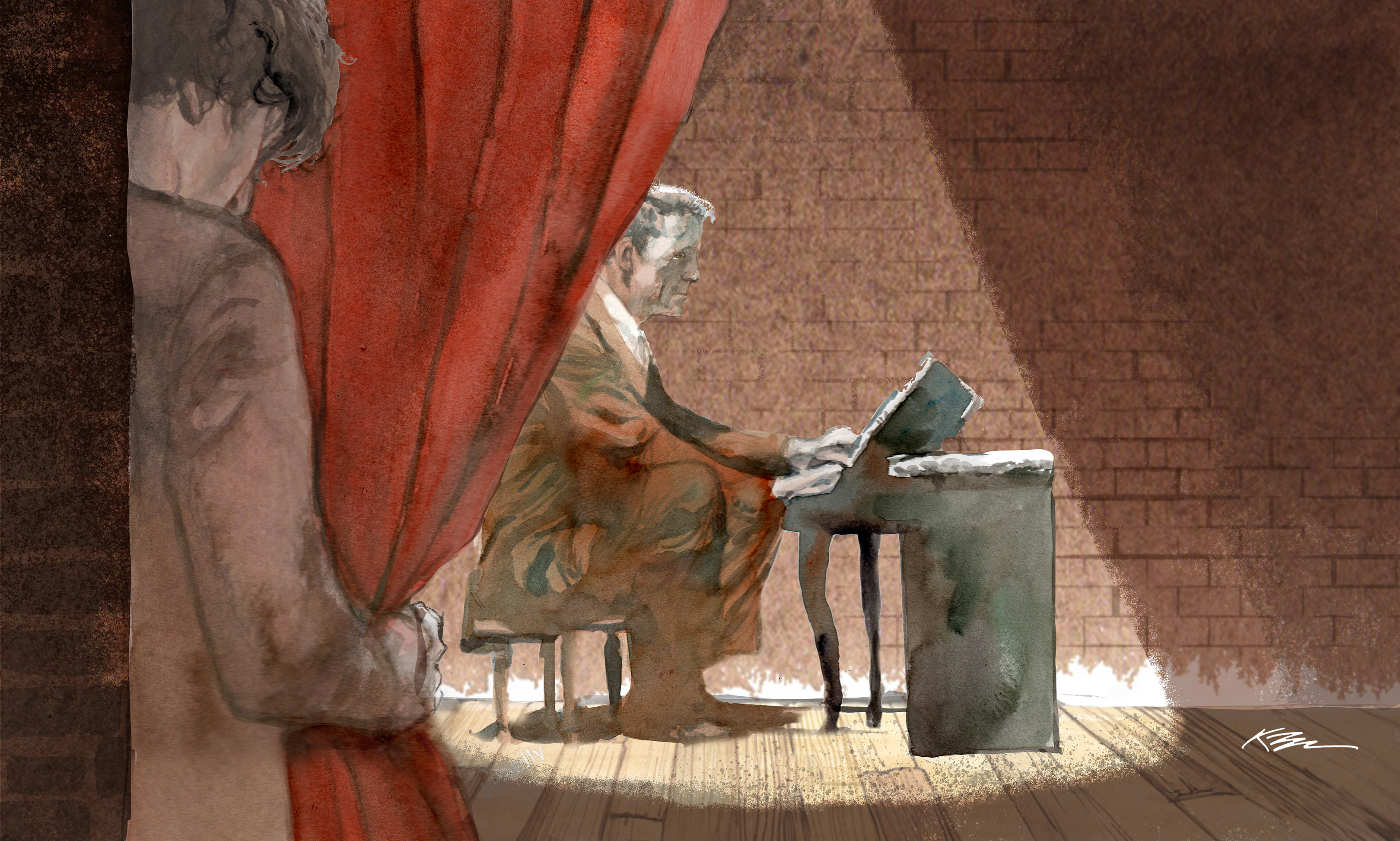 Illustration of a man pulling back a curtain to reveal a man playing a piano