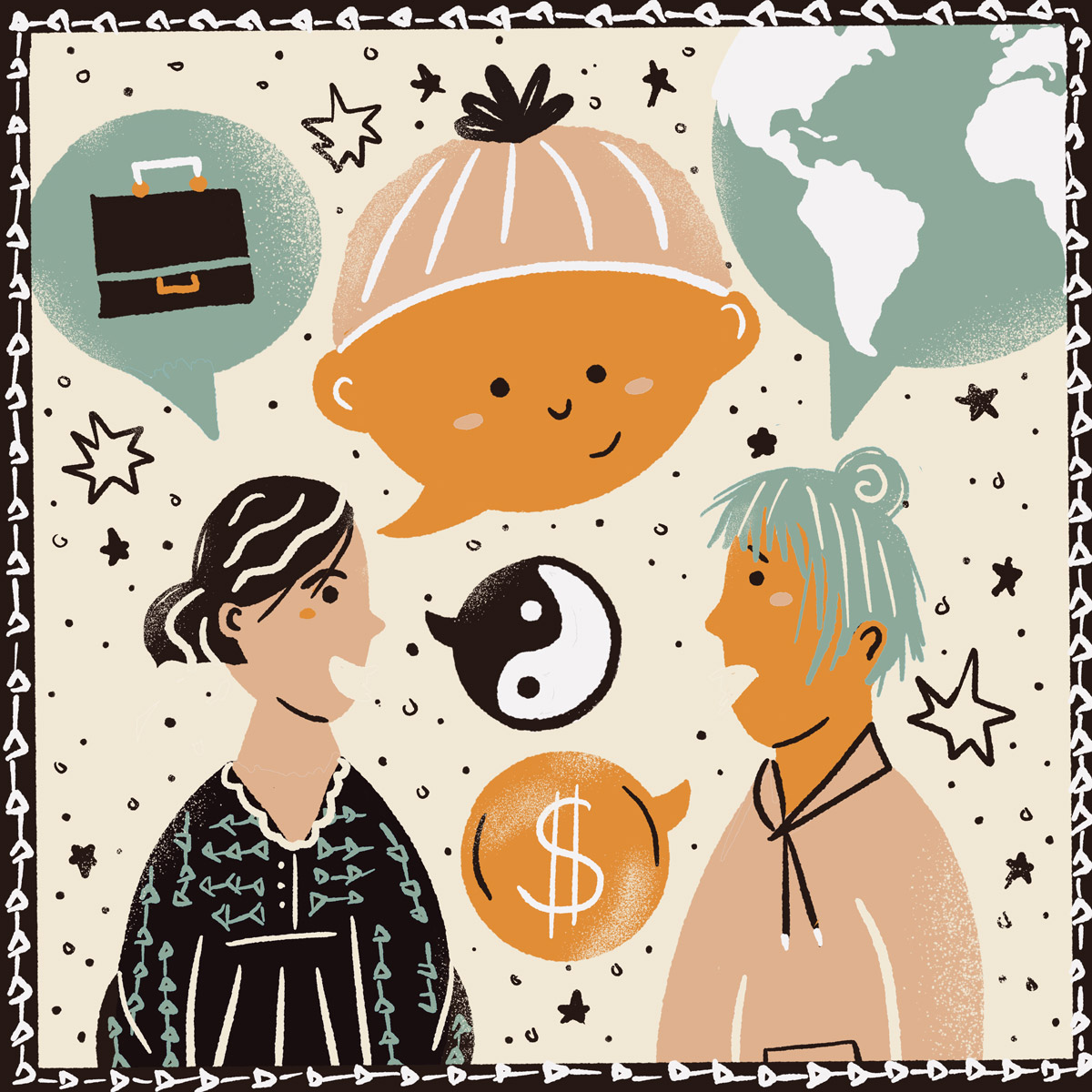 Illustration of two people talking with a baby's head hovering above as well as images of the Earth, yin-yang and dollar sign