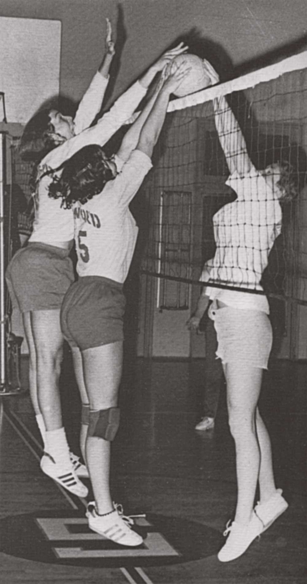 Volleyball players going to the net