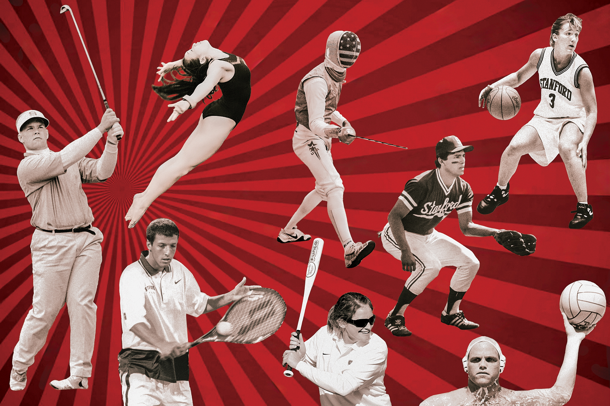 A compilation of silhouetted images of the coaches when they were athletes at Stanford.
