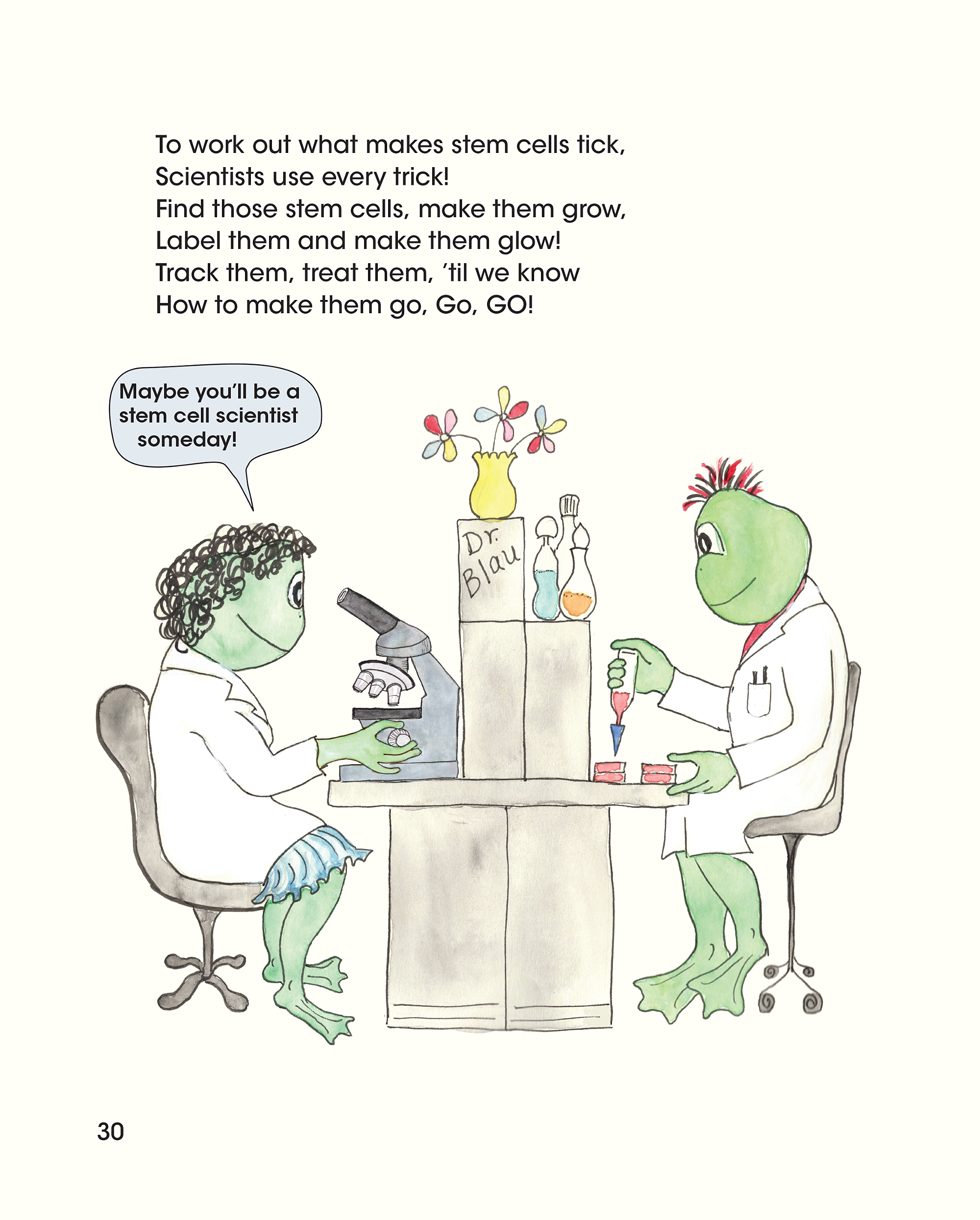 Illustration of two frog scientists: one using a microscope and one putting material onto slides