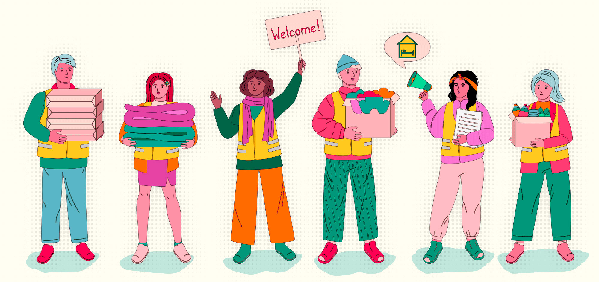 Illustration of working volunteers offering food, supplies, water, clothes and help.