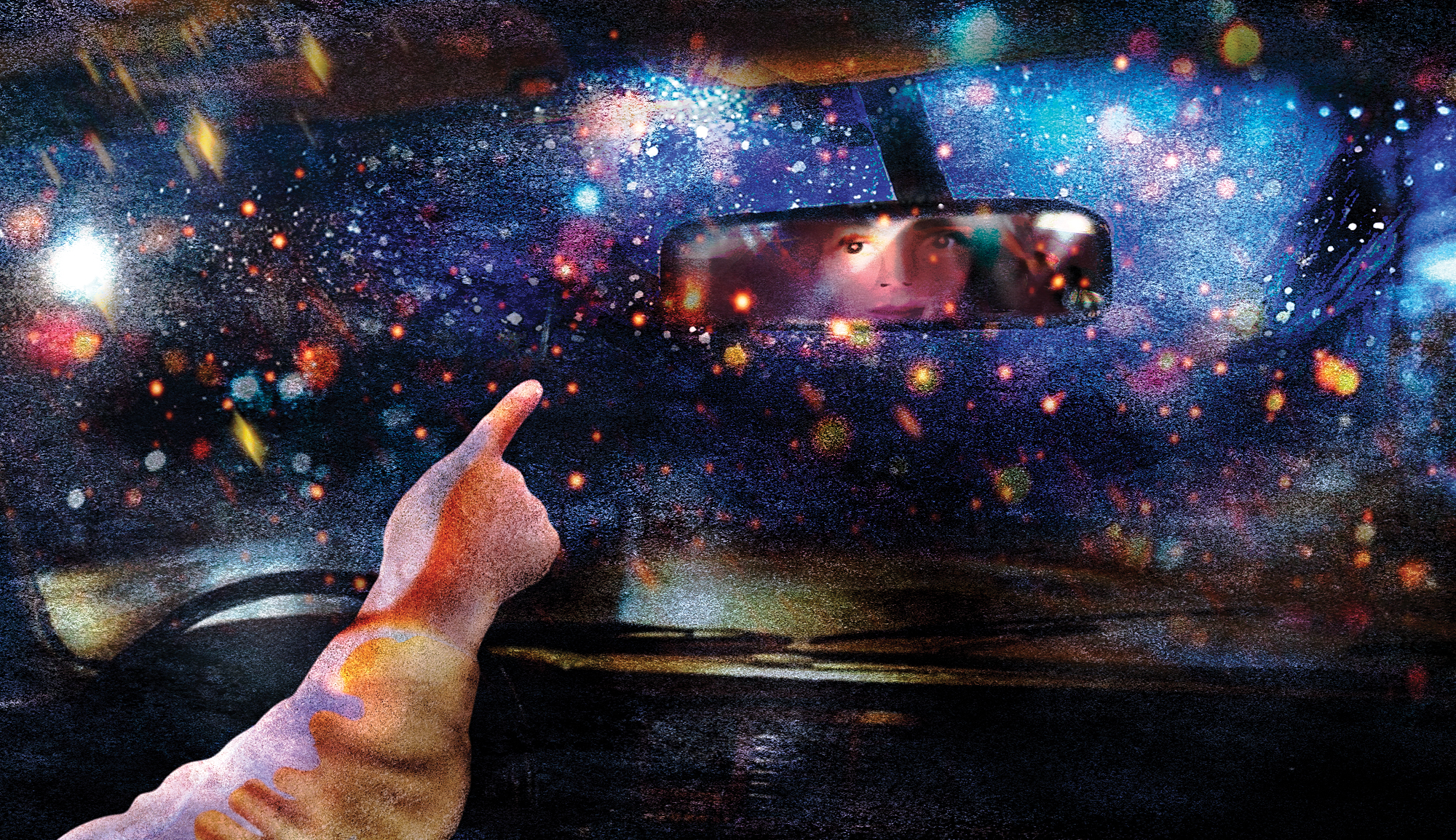 Illustration of a man pointing out into the night sky from a taxicab. Passenger's eyes in the rearview mirror.