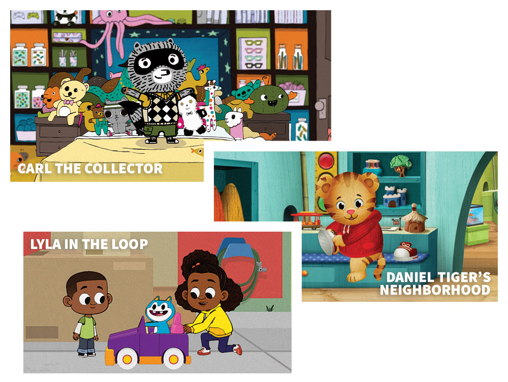 Screenshots of Carl the Collector, Daniel Tiger's Neighborhood, and Lyla in the Loop