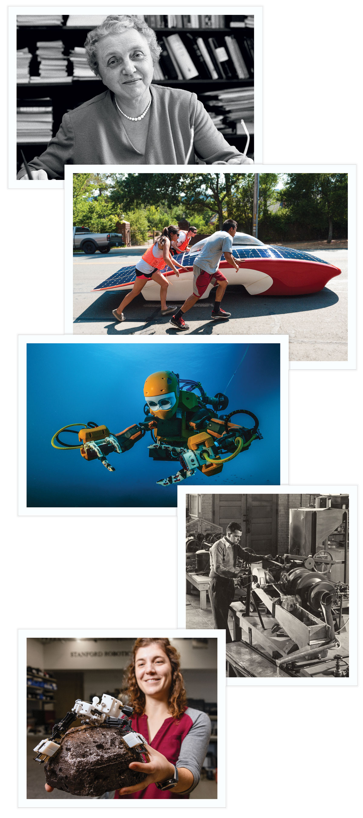 Flügge-Lotz, 1950s; the Stanford Solar Car Project, 2013; the humanoid robotic diver OceanOne, 2016; a miniature ore-treating plant in the mining lab; Stephanie Nanette Newdick, MS ’22, PhD ’23, with ReachBot, a space-exploration prototype, 2023.