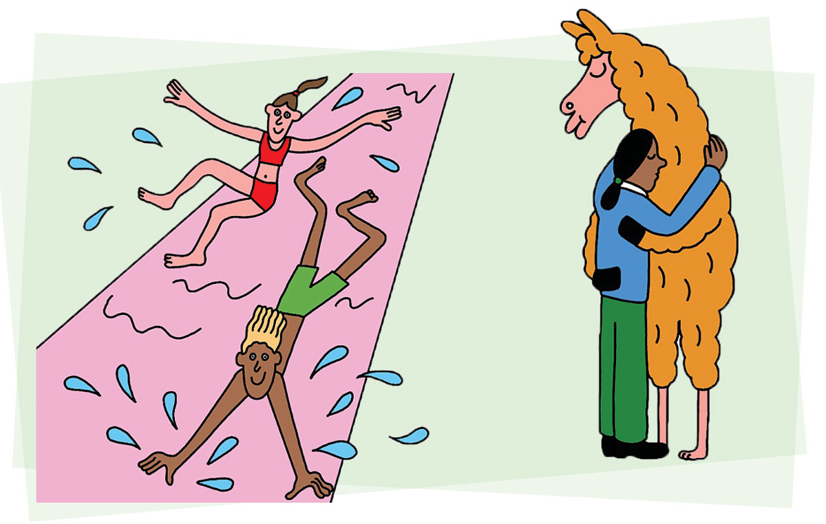 people on slip and slide and a woman hugging a llama