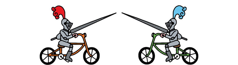 An illustration of 2 medieval knights jousting on bicycles.