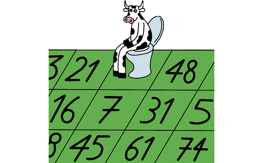 Illustration of a cow on a toilet. The cow and toilet are on a bingo card.
