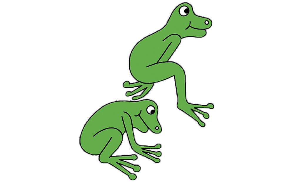 An illustration of 2 frogs playing leap frog