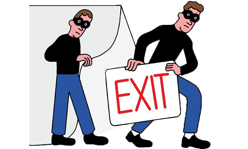 An illustration of 2 students pranking by stealing an EXIT sign.
