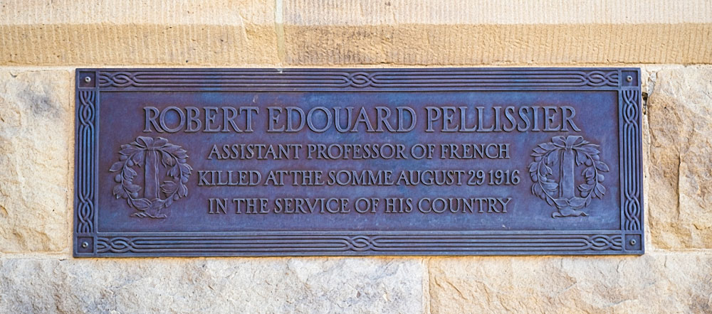 Plaque reads: ROBERT EDOUARD PELLISSIER ASSISTANT PROFESSOR OF FRENCH KILLED AT THE SOMME AUGUST 291916 IN THE SERVICE OF HIS COUNTRY
