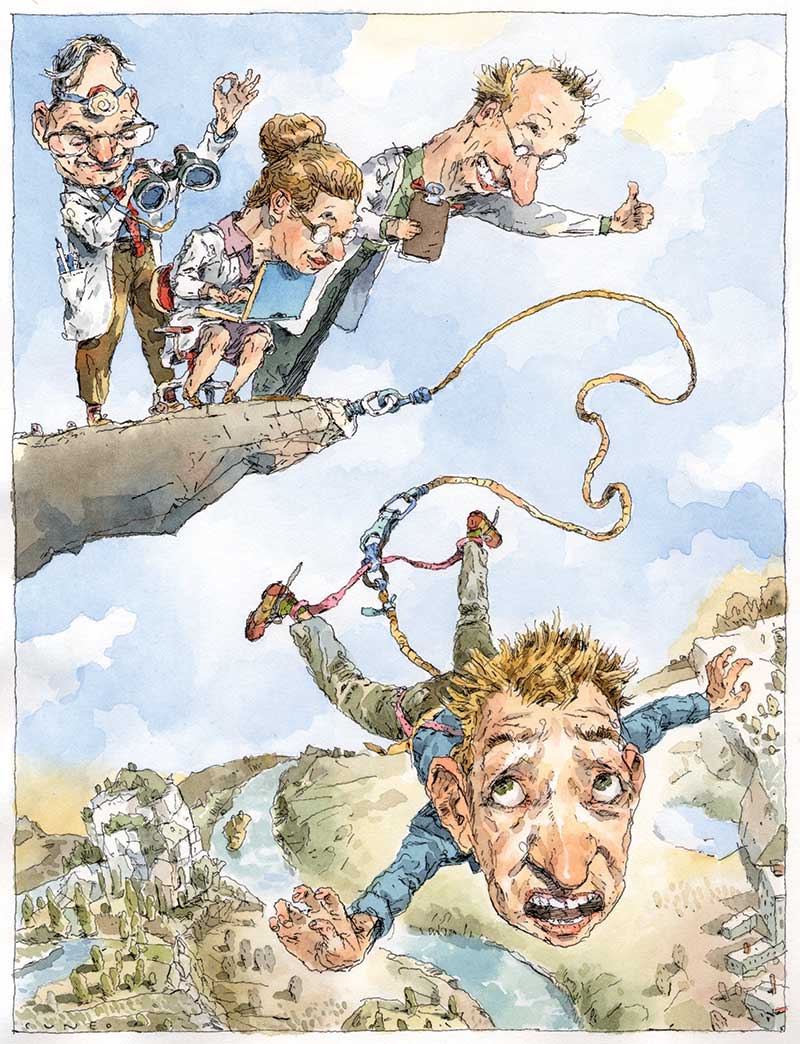 A cartoon of a man bungee jumping off a cliff over a hilly valley. On the cliff above him are three doctors all of whom are observing him eagerly.