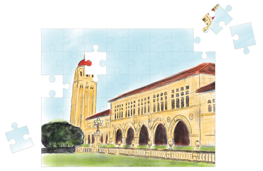 An illustration of the Quad and Hoover Tower as a jigsaw puzzle