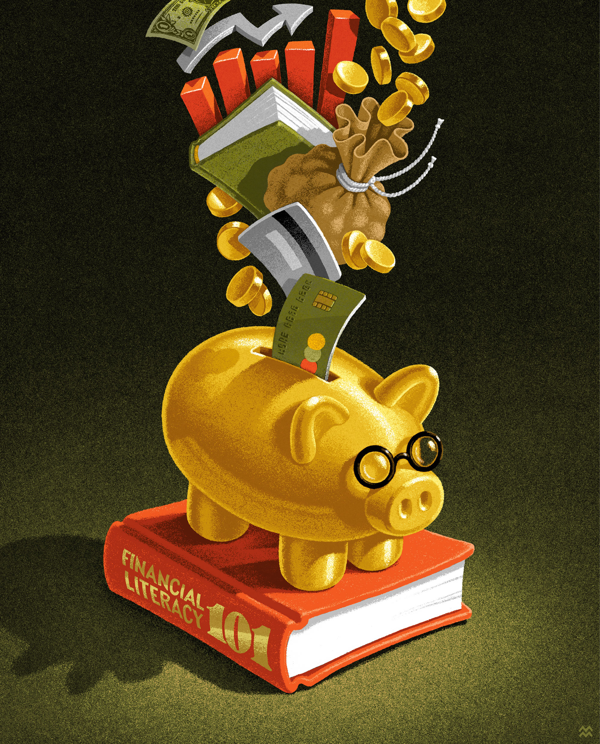 illustration of financial elements coming out of a piggy bank