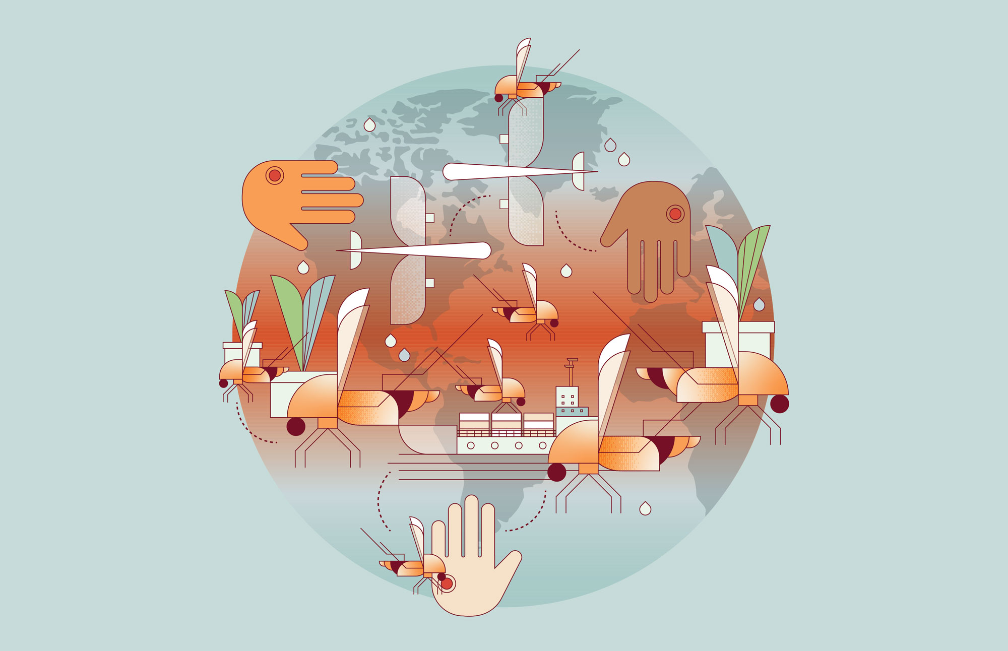 Illustration of mosquitoes moving around the world.