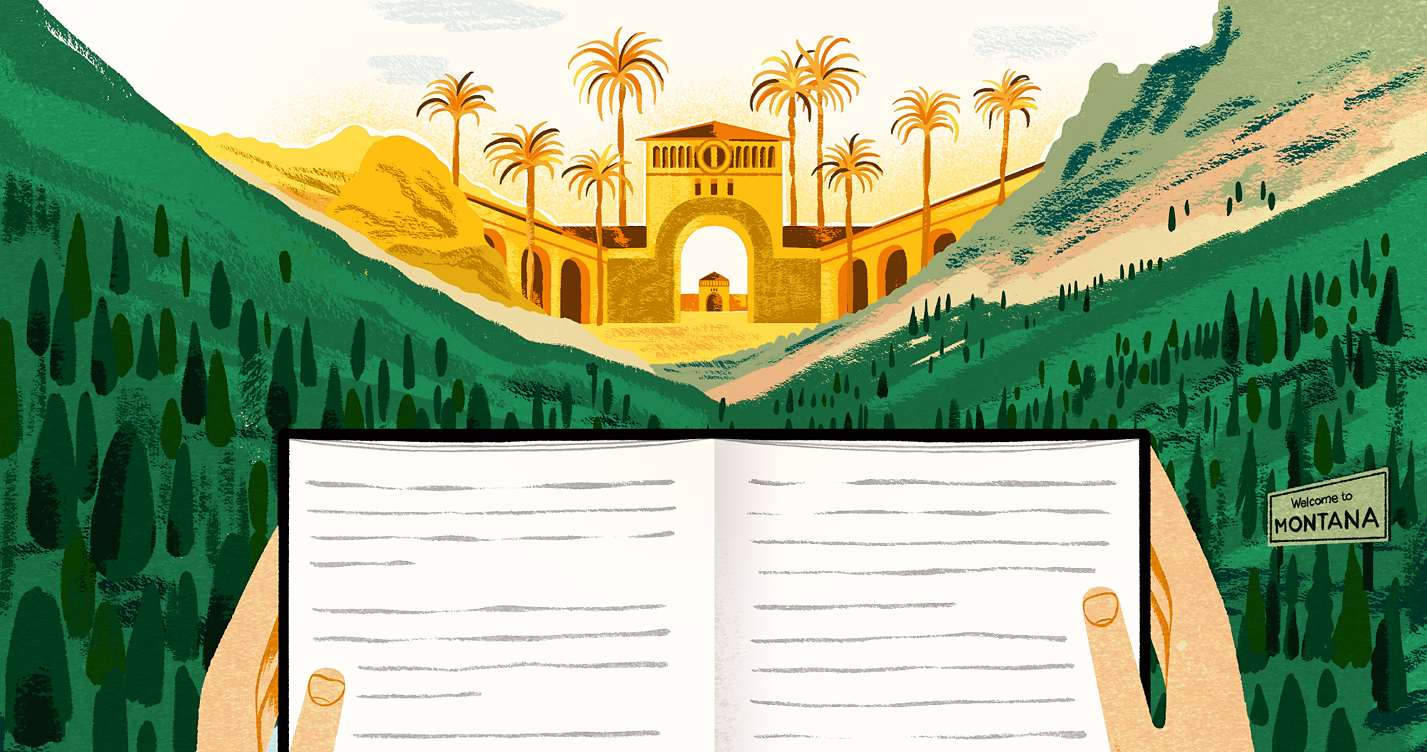 Illustration of hands holding a book with Stanford and green hills in the background