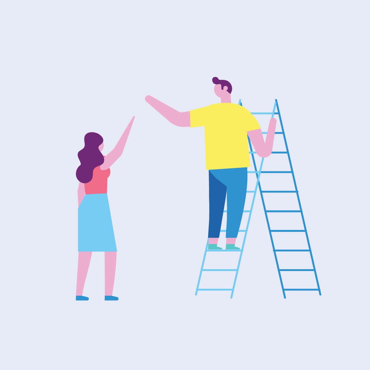 Illustration of woman holding up her arm to a man standing on a ladder, reaching back to the woman.