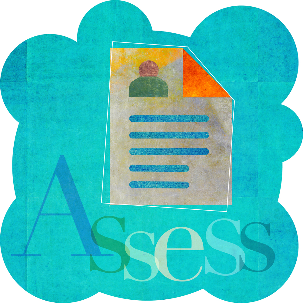 Illustration of a page with lines and a dog ear and the word "assess"